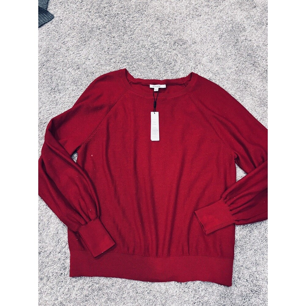 Chicos Red Sequin Relaxed Pullover Sweater Women's Size 2 US Large